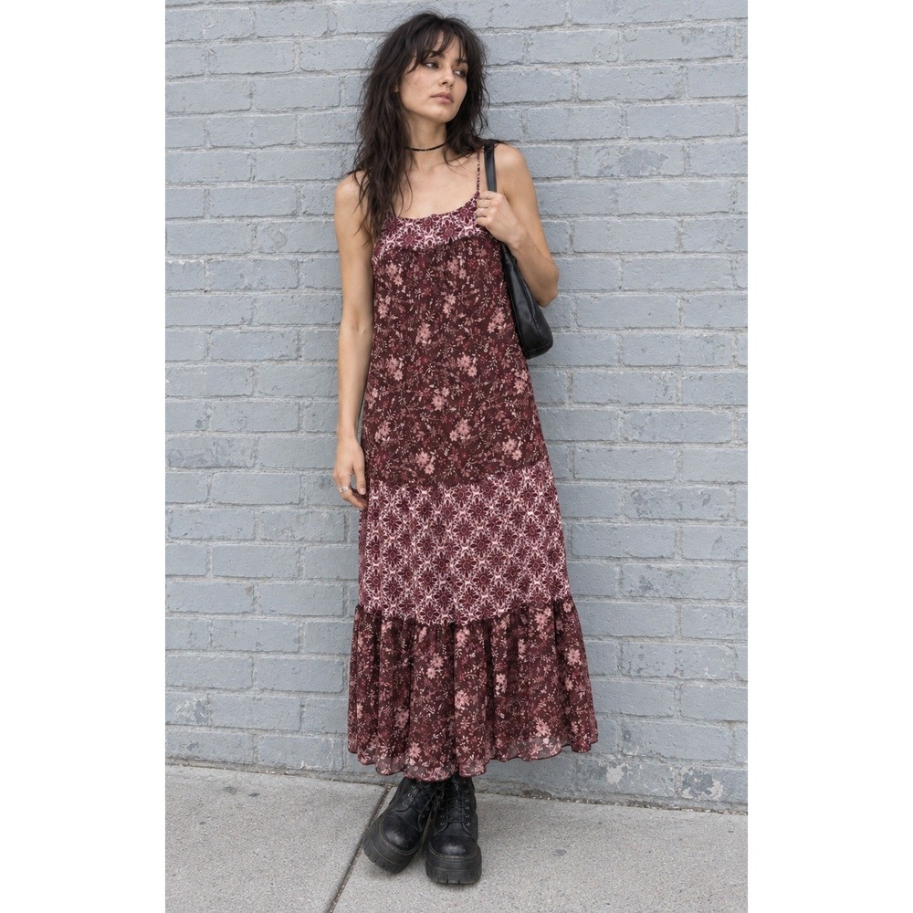 Knox Rose Maxi Dress Women XS Burgundy Floral Tiered Boho Sleeveless